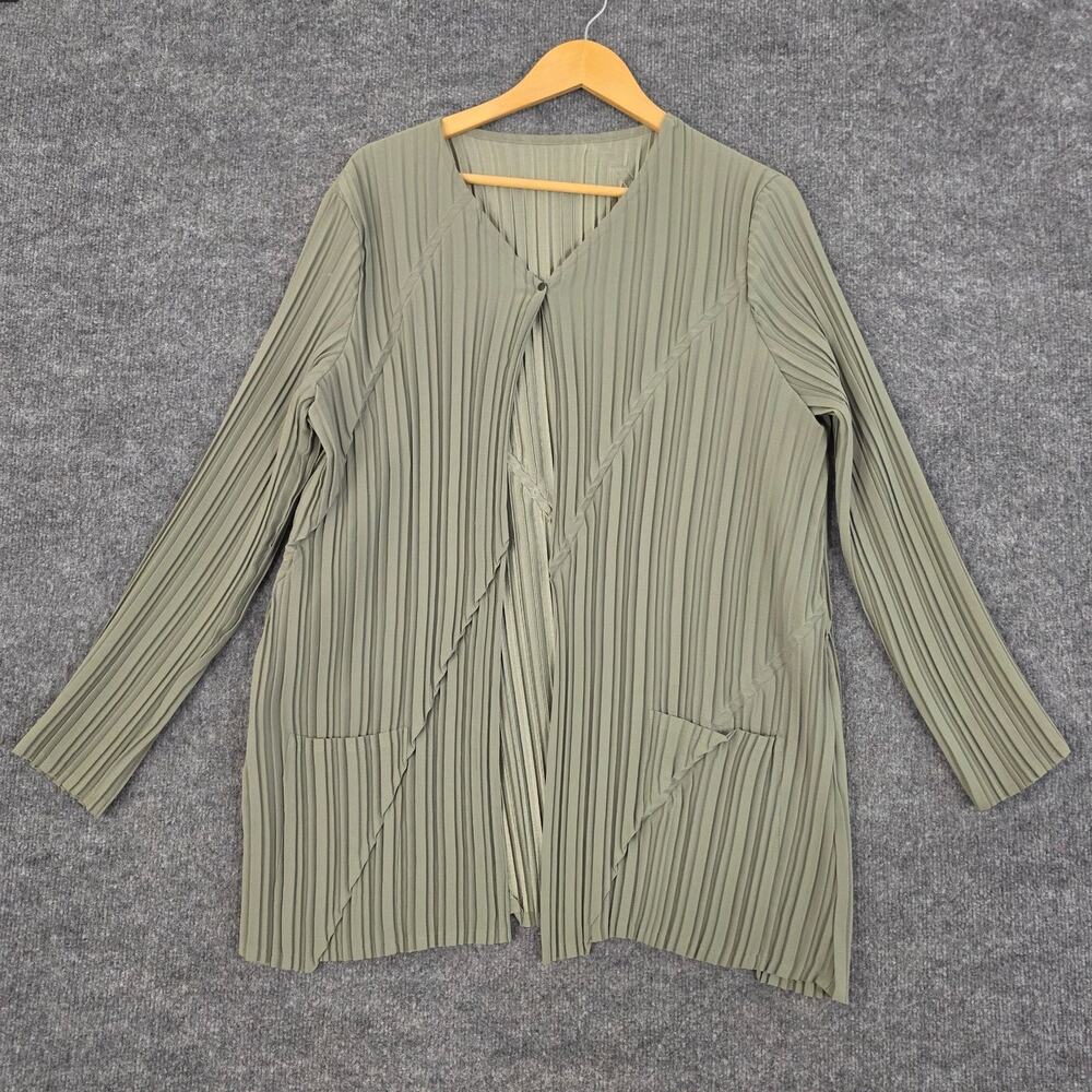 Babette Cardigan Large Pleated Open Front Green Collarless Art To Wear Lagenlook